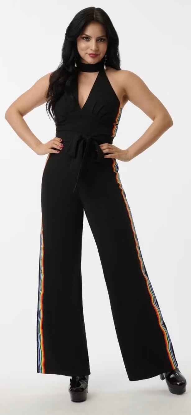 Smak Parlour Unique Vintage Black Rainbow Stripe Halter Wide Leg Jumpsuit 3X NWT